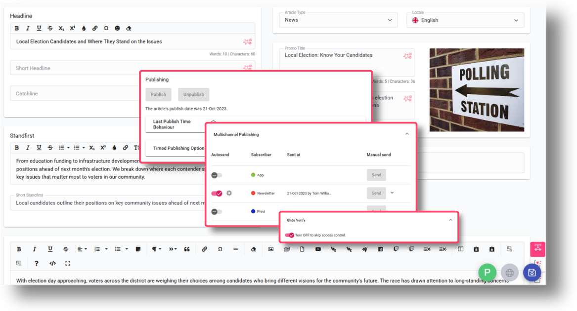 Kordiam-created story as an article in Glide CMS, with story-specific timed publishing, content access, and multi-channel distribution options as planned in Kordiam