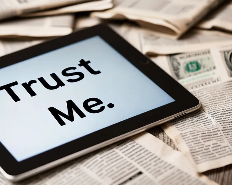 a tablet with the words trust me next to a lot of newspapers