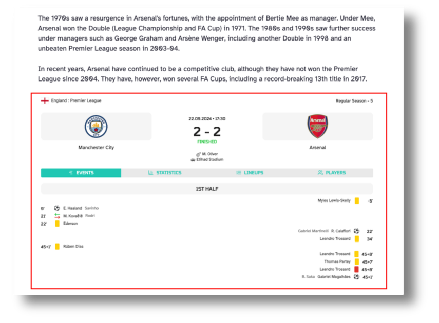 Match Preview widget powered by API Sports, showing the featured match chosen by the editorial team via the CMS.