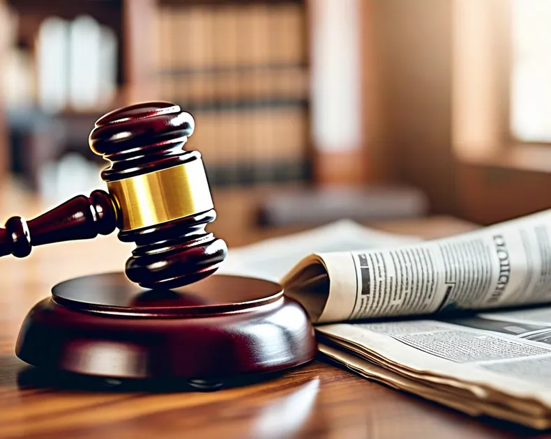 a judge's gavel slamming down besides a newspaper