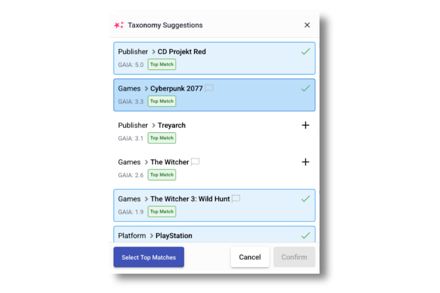 Taxonomy suggestions inside Glide CMS, surfaced for editor review before publishing.