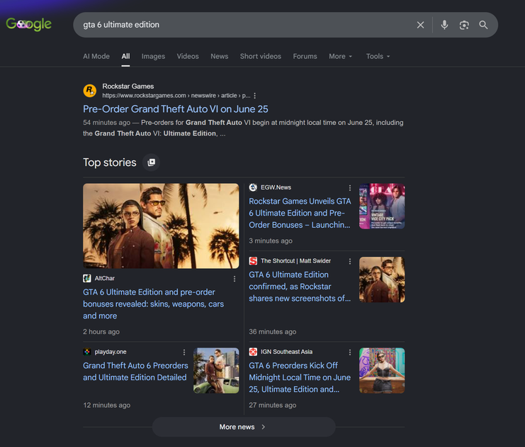 AltChar in Google's Top Stories for GTA 6 Ultimate Edition, June 2026