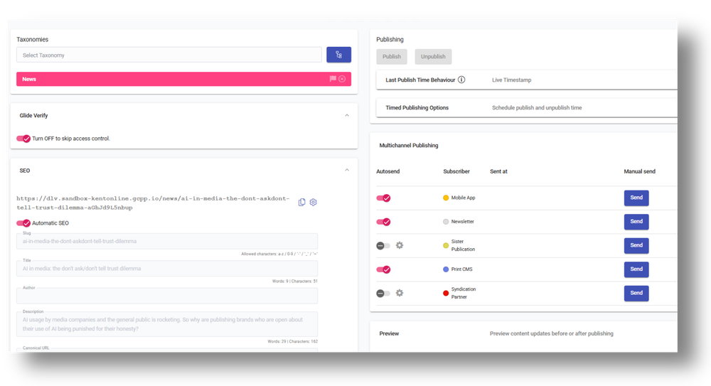 The Produce tab in Glide CMS's authoring tool is where you select taxonomies, handle SEO, and set setup you multichannel publishing options