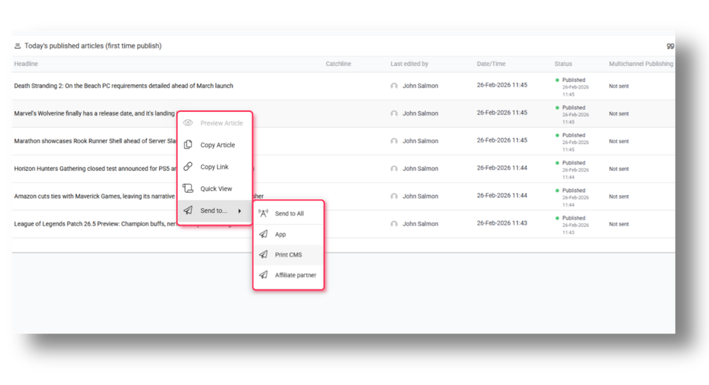 Use Glide CMS's Content Queues to confirm which channels an article has already been sent to or to re-send an article to a specific channel