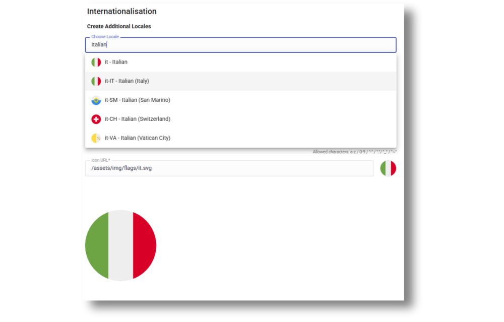 Locale creation in Glide CMS, using Italian as an example to illustrate available language and regional variants.