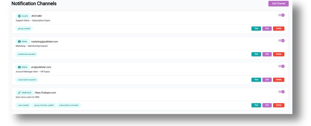 Nexa events notification channels