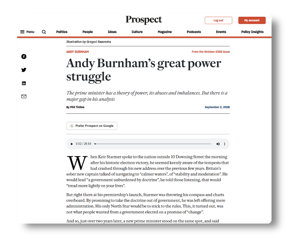Audio player connected to GAIA Voice embedded in an article on prospectmagazine.co.uk
