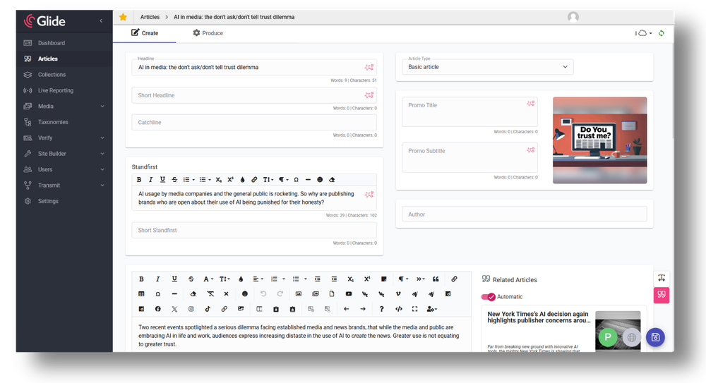 Within Glide CMS's authoring tool users can access both the article creation tools and content production capabilities. 
