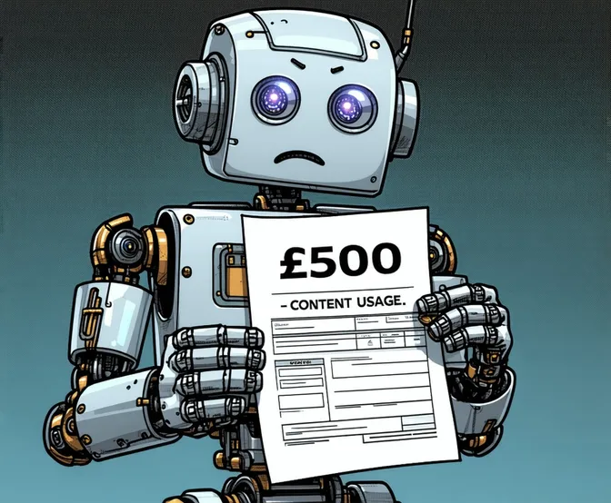 A robot holding an invoice in its metal hands, looking confused. The invoice reads "£500 - CONTENT USAGE."