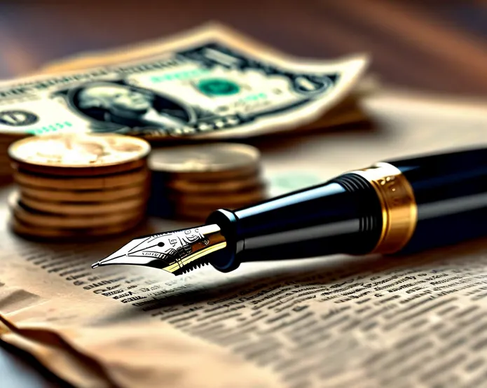 A close-up of a fountain pen resting on a broadsheet newspaper, next to a stack of coins and folded banknotes