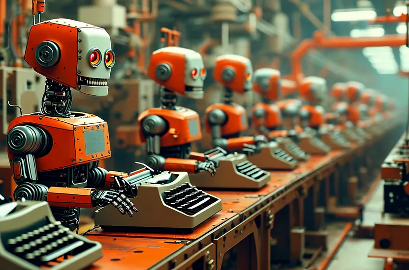 A production line of robots holding typewriters