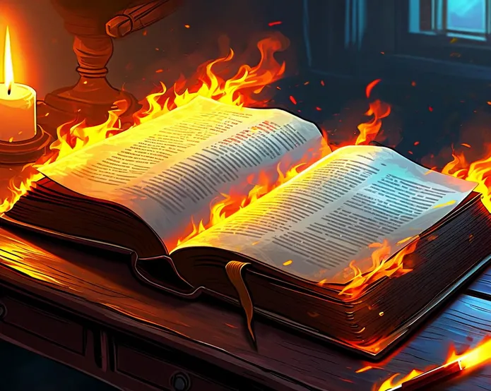 A rulebook open on a desk with the pages on fire

