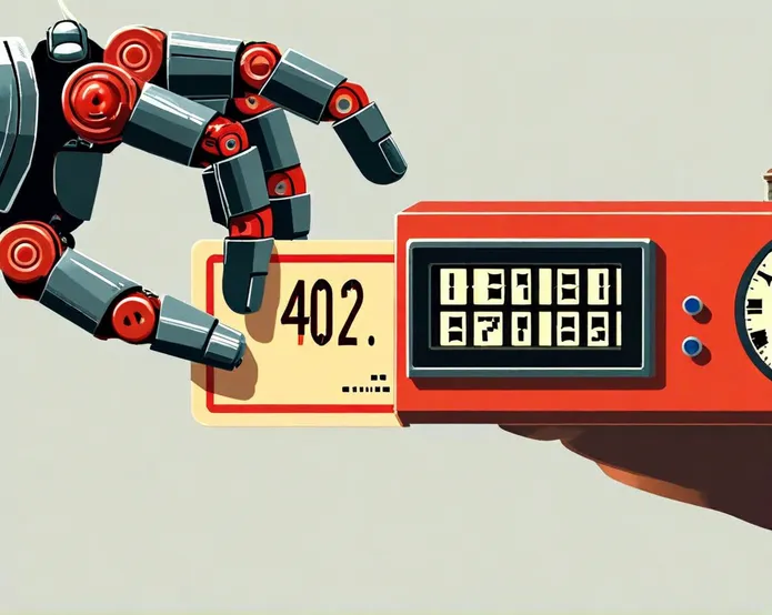 A retro punch-card time clock with "402" stamped on the card being inserted by a robot hand