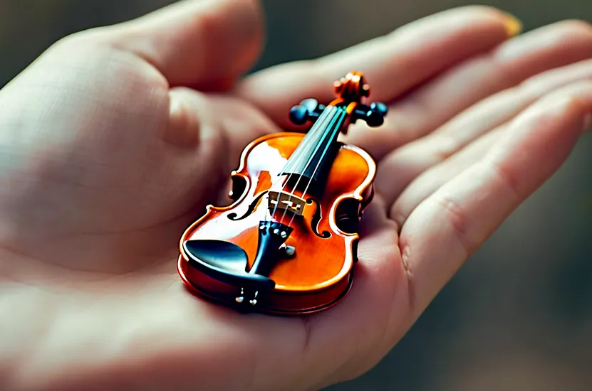 A very small tiny violin being held in a human hand.