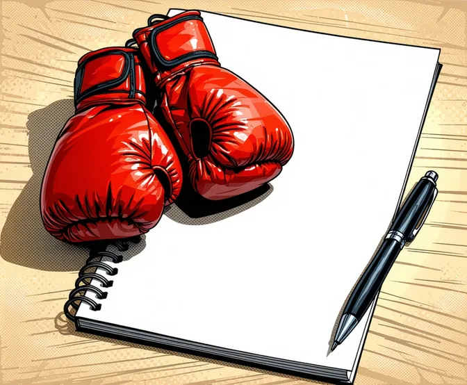 A single pair of red boxing gloves resting on top of a clean white notebook with a pen next to it