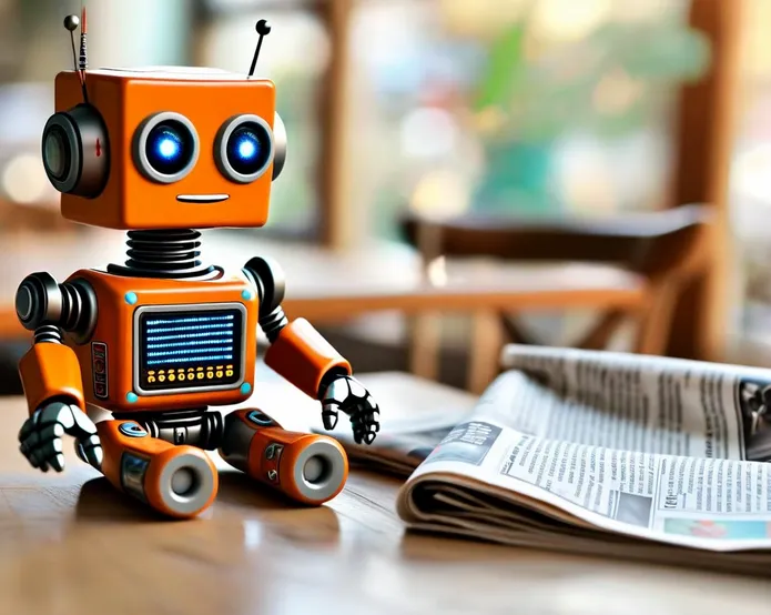 a little robot sitting on a table next to a newspaper