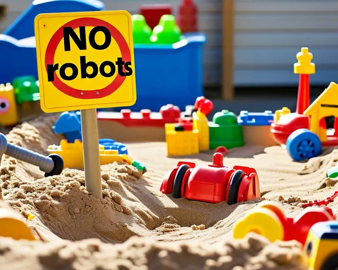 a sandbox full of toys with a sign no robots