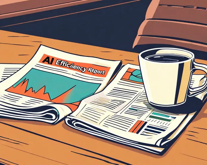 a table with a coffee mug on it and a newspapers that says AI efficiency report