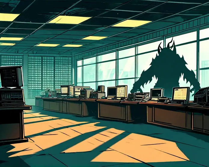 A monster shadow looming over a newsroom