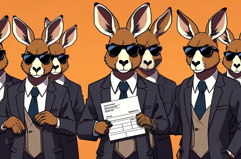 A group of tough-looking kangaroos wearing business suits, and wearing dark glasses and presenting an invoice.