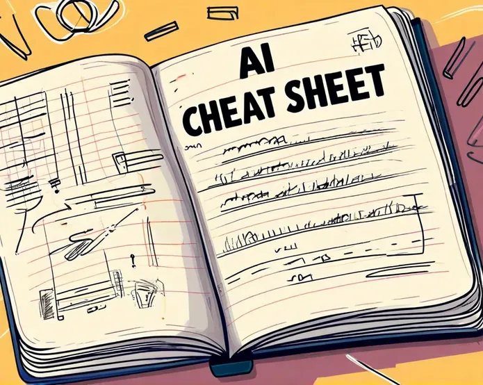 an open notebook that has the title AI CHEAT SHEET written on a page, and underneath there are different scribbles