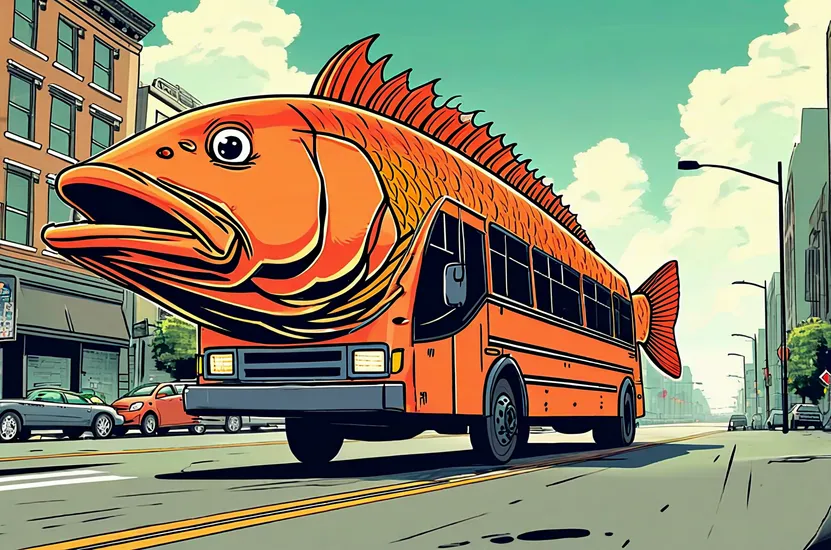 A giant cod driving down a street like a bus