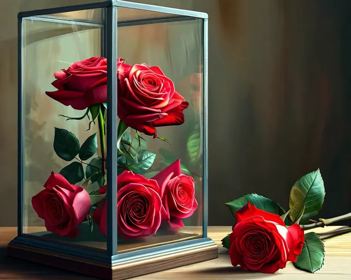 A bouquet of roses locked inside a glass case, one rose laying on the table, on the other side of the glass case