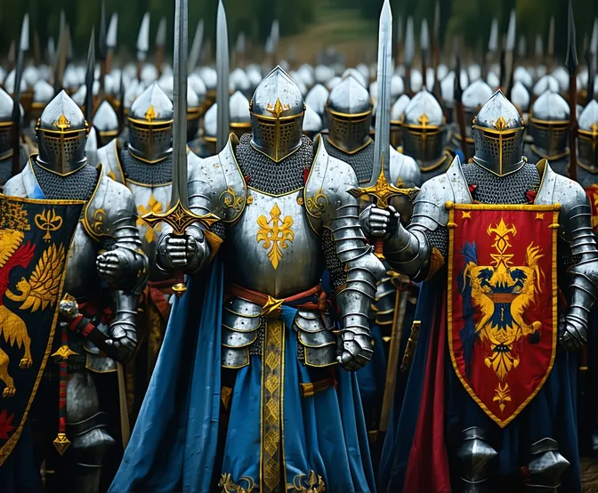A diverse group of knights in full armour facing directly toward the camera, swords raised and pointed at the viewer as if we are the enemy they're about to charge.