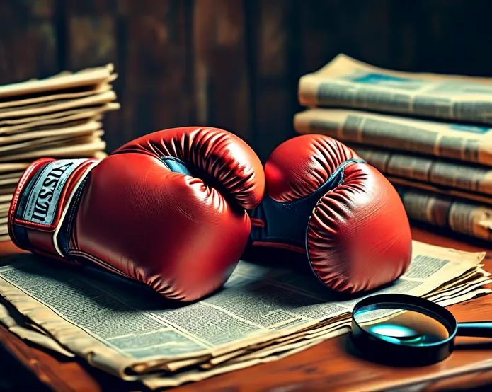 a pair of worn boxing gloves standing on a table next to a stack of newspapers and a magnifying glass