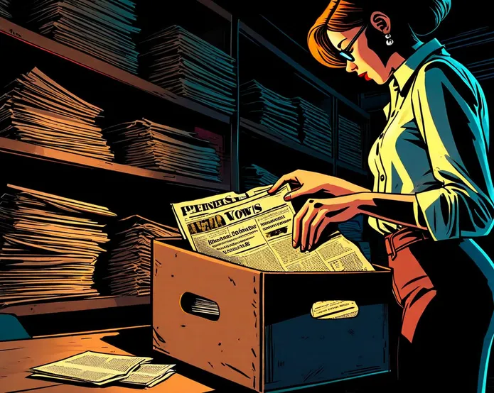 A journalist opening a box of old newspaper clippings in a dimly lit archive room