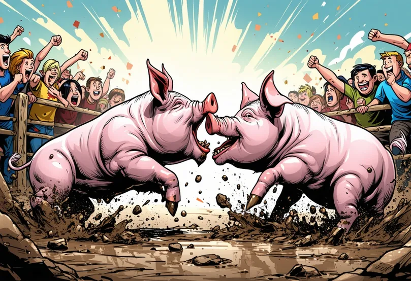 two pigs wrestling in mud in front of a crowd of cheering spectators