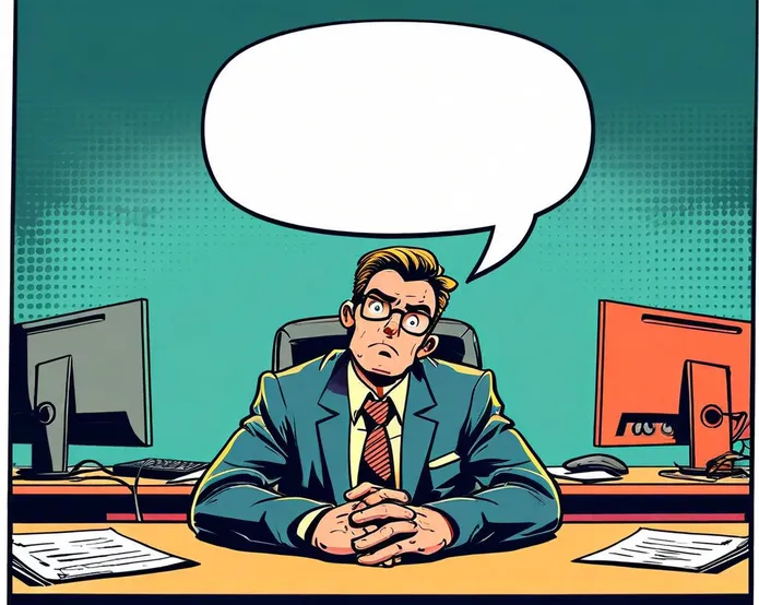 a man sitting in the newsroom with an empty speech bubble above his head

