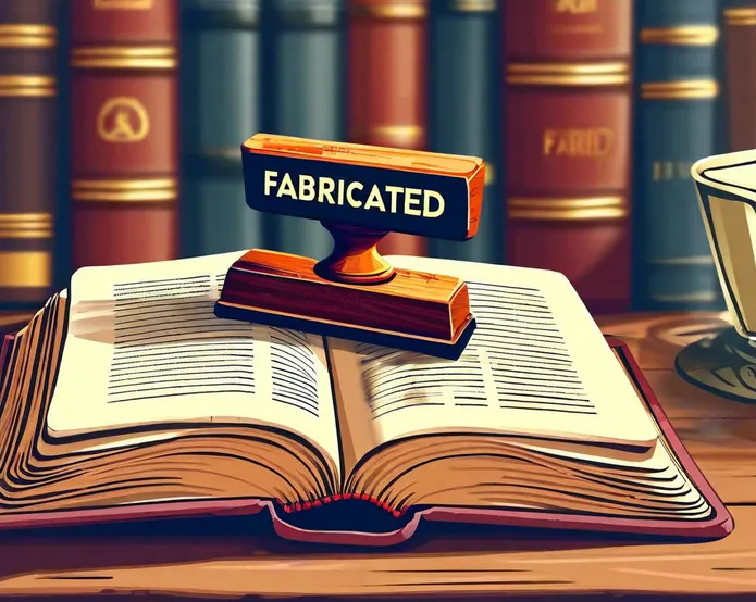 An open book on a desk with a "FABRICATED" rubber stamp pressed across one of the pages. 