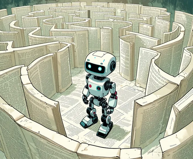 A small robot stuck inside a maze made out of pages, looking confused.