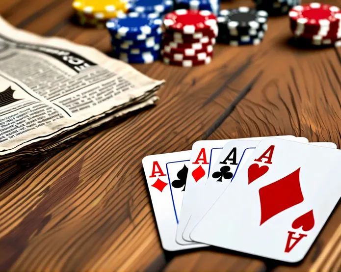 cards next a newspaper on a wooden table, with four aces showing