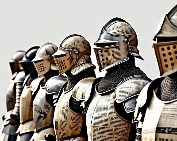 a line of medieval armours made out of newspapers
