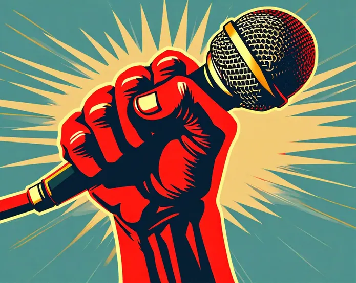 A clenched fist raised  holding a podcast microphone, Soviet propaganda poster style