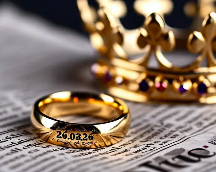 a golden ring with 26.03.26. etched into it, sitting on newspapers with a crown next to it