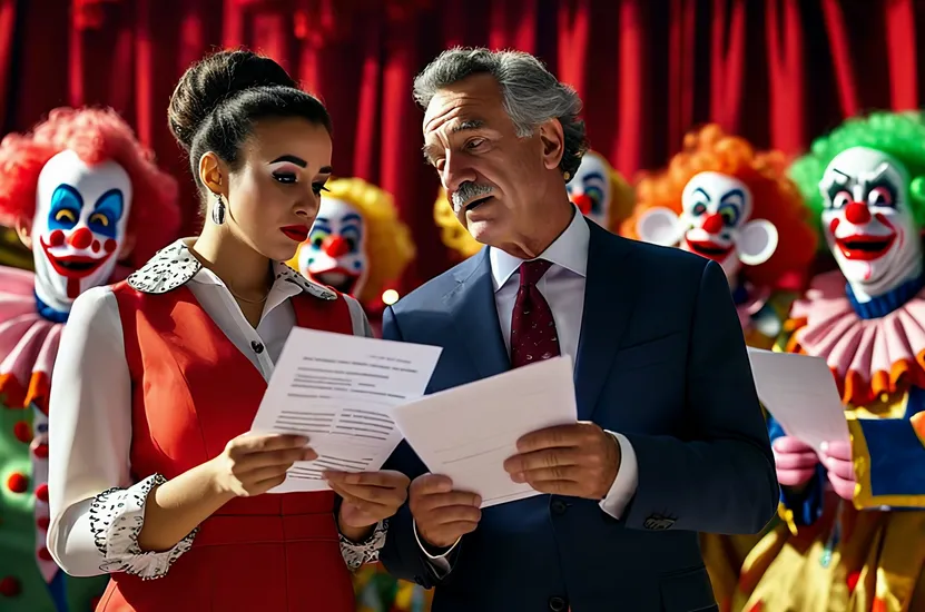 A man and woman politician reading from some notes. 

Behind them are some clowns performing a show.