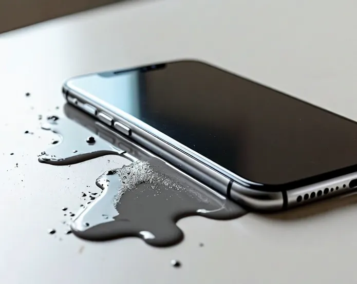 smartphone on a clean table with grey dirty gruel leaking from its edges