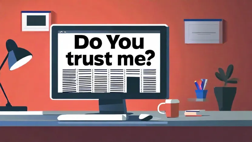 a newspaper portal on a computer that reads "do you trust me" in comment on the use of AI in news production and creation.